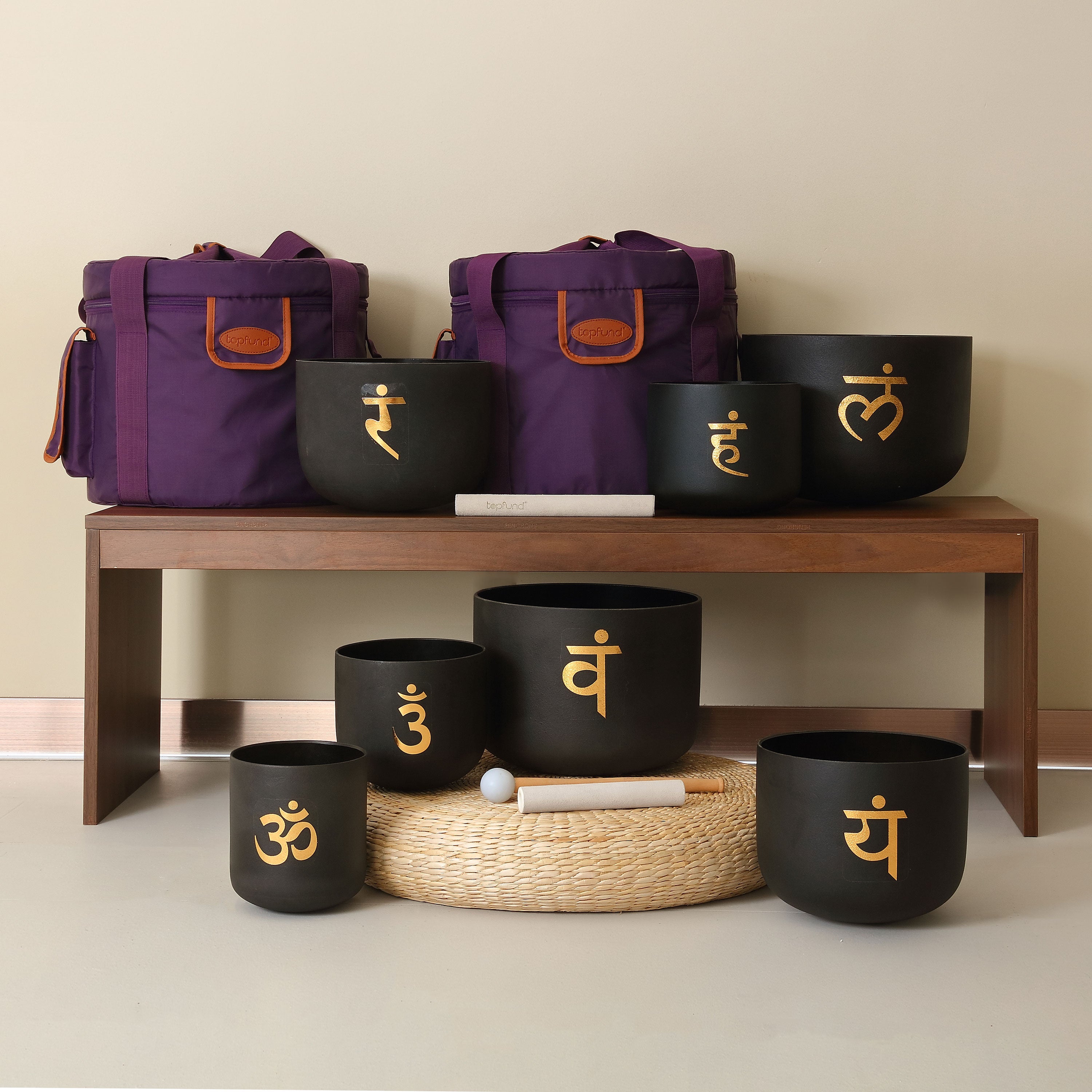 TOPFUND 440Hz Golden Chakra Patterns Set of 7 Black Crystal Singing Bowls 8-14 inch - TOPFUND Crystal Singing Bowl